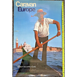 Caravan Europe Tour Italy Poster Gondolier Venice Italy Canal Vintage Photo 1984